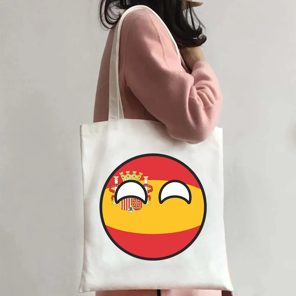 The Kingdom of Spain Flag Printed Shoulder Bag Spain Round Seal Shopping Shoulder Bags Large Capacity Reusable Shopper Handbags