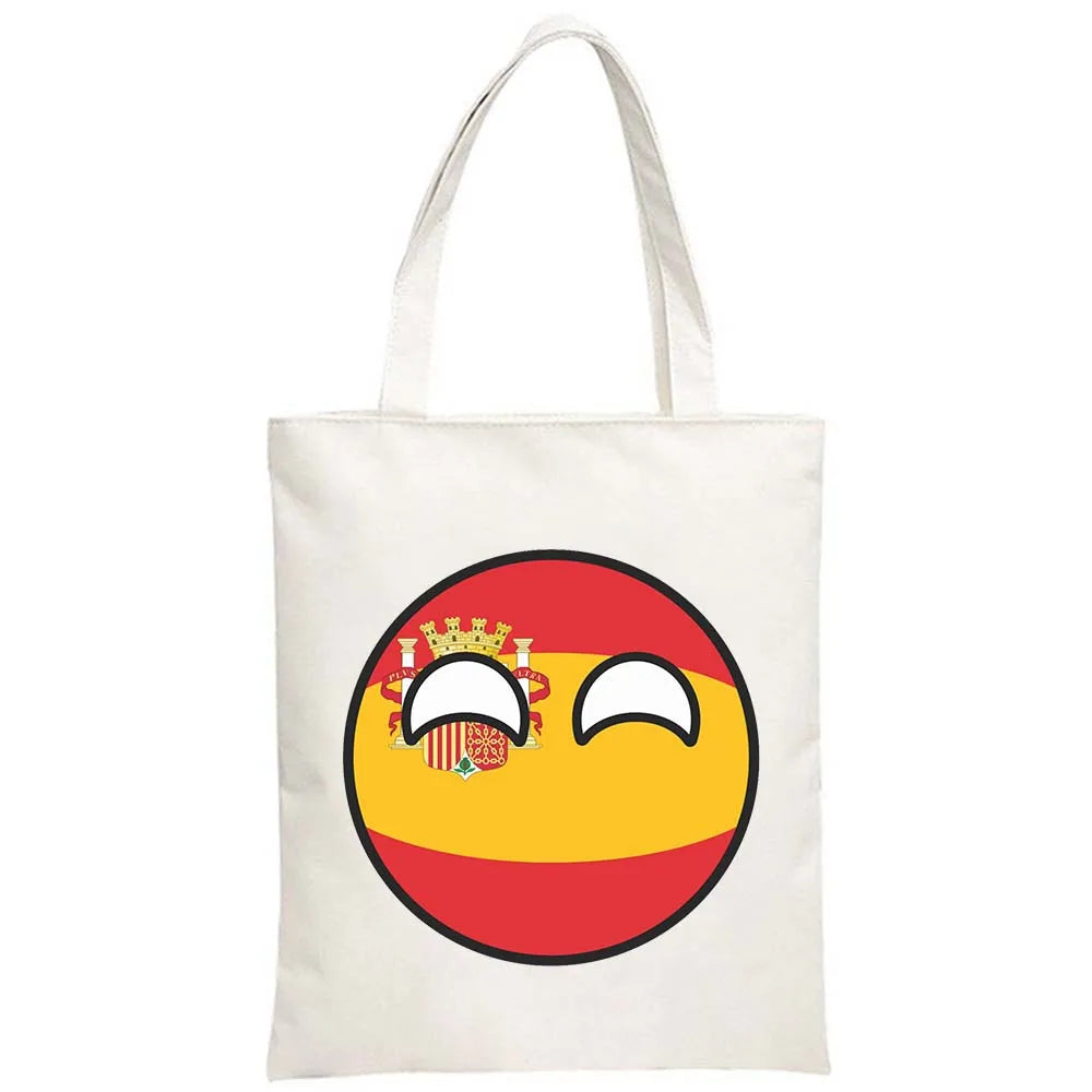 The Kingdom of Spain Flag Printed Shoulder Bag Spain Round Seal Shopping Shoulder Bags Large Capacity Reusable Shopper Handbags