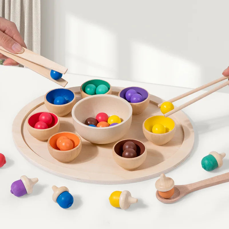 Baby Montessori Wooden Toy Rainbow Ball and Cups Color Sorting Games Fine Motor Early Education Learning Toys Gifts for Children