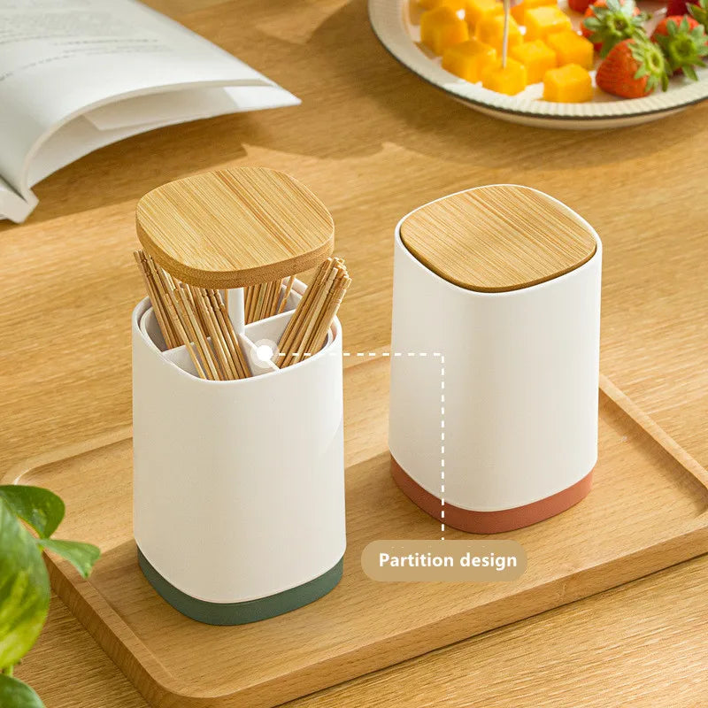 Automatic Toothpick Box Creative Toothpick Dispenser Wooden Cotton Household Table Toothpick Storage Holder With Lid