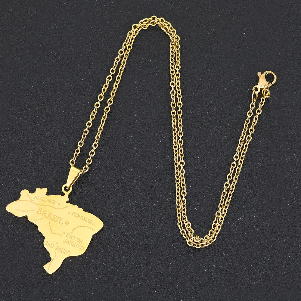 Brazil Country Map City Pendant Necklace Stainless Steel Gold Silver Color Men Women Map Brazilian Jewelry Gift