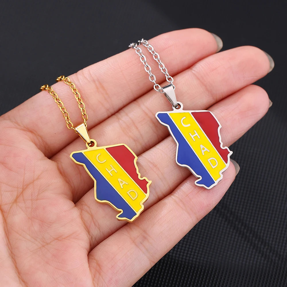 Africa Republic of Chad Map Flag Pendant Necklace Stainless Steel Gold/Silver Color for Men and Women