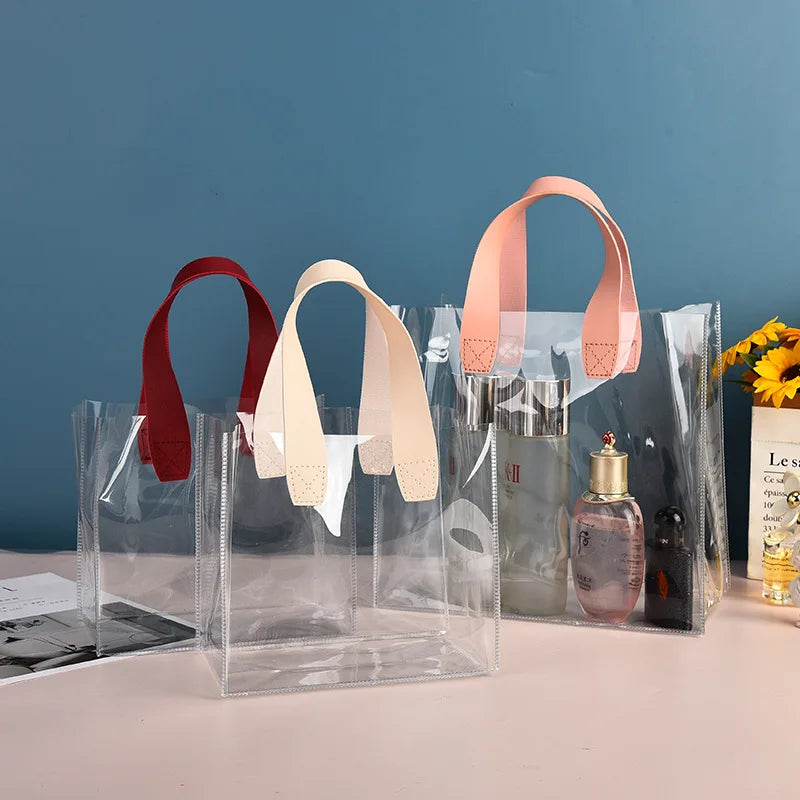 Small Transparent Handbag Wedding Candy PVC Handbag Birthday Gift Bag Cosmetics Storage Bag Portable Travel Handle Bags