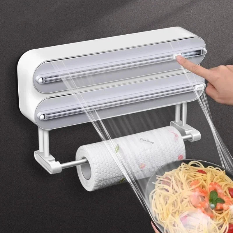 2 in 1 Film Holder with Cutter Food Stretch Film Holder Cutters Magnetic Wall Mount Plastic Wrap Dispenser Box Kitchen Accessory