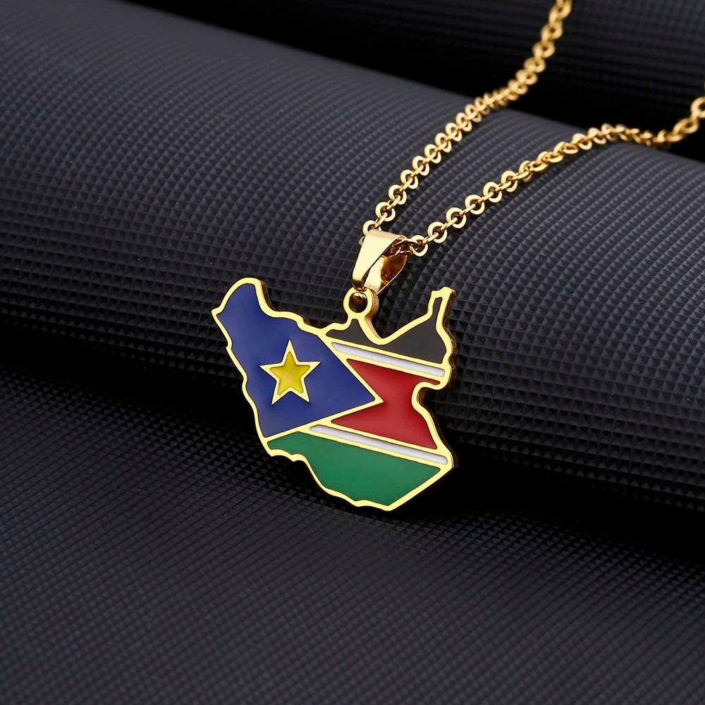 Africa South Sudan Map Flag Pendant Necklace Stainless Steel Gold Silver Color Ethnic Jewelry Gift for Men and Women
