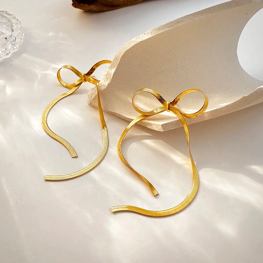 Tassel Bow Earrings stainless steel Flat Snake Chain Bowknot Drop Earrings