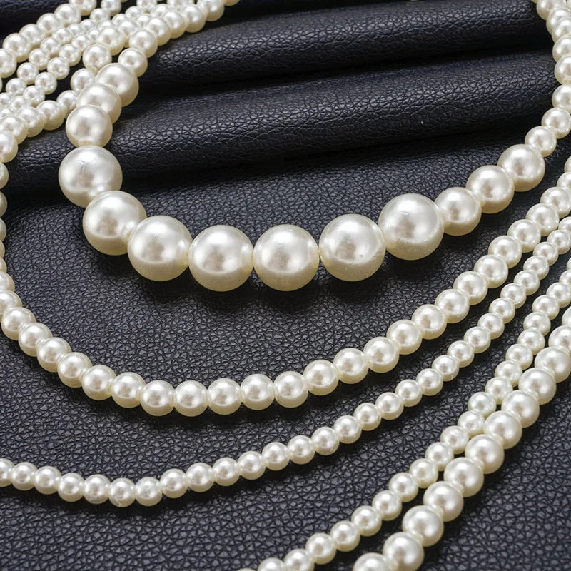 Imitation Pearl Necklace Long White Multi Layered Pearl