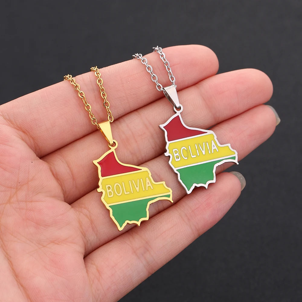 Pluri national State of Bolivia Map Flag Pendant Necklace Stainless Steel Bolivians Men Women Ethnic Maps Jewelry Gift