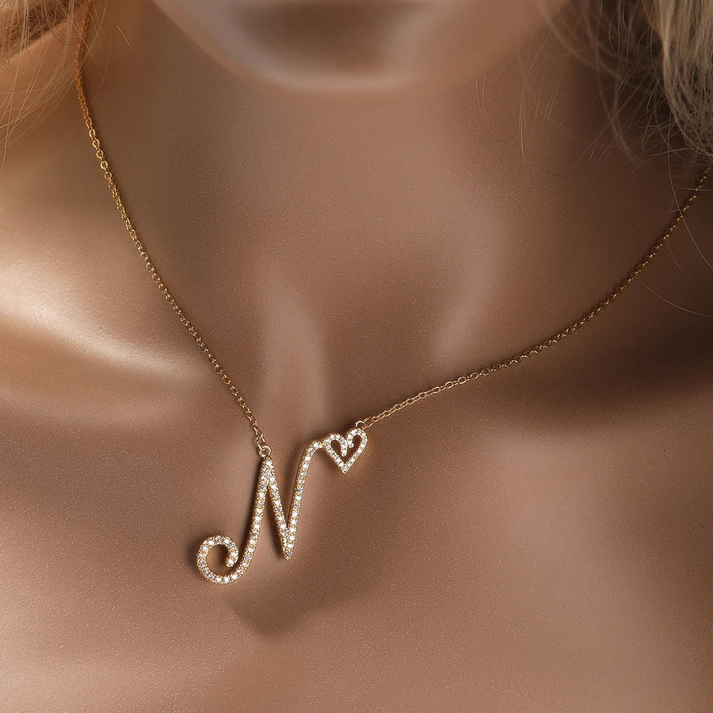 Unisex Initial Cursive Letters with Heart Pendant Necklaces