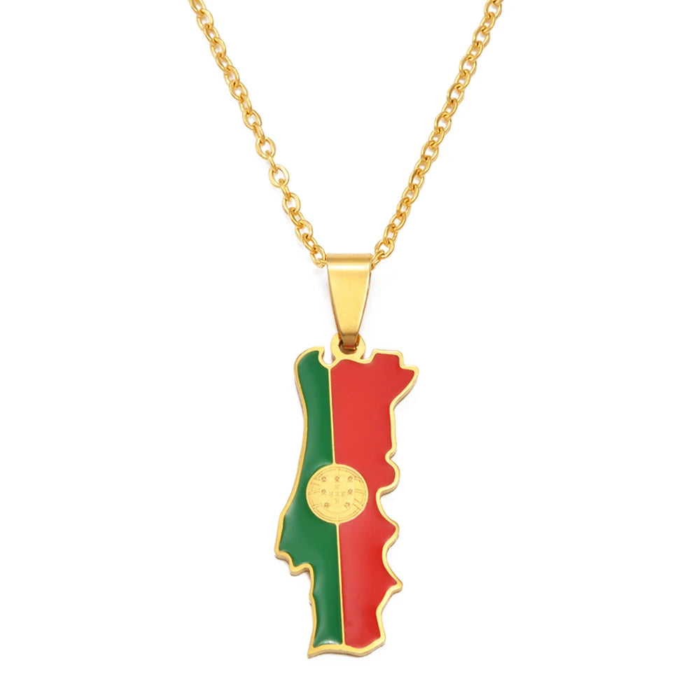 Portugal Map Flag Pendant Necklaces for Portuguese Women Girls Men Jewelry Charms Maps for Men and Women