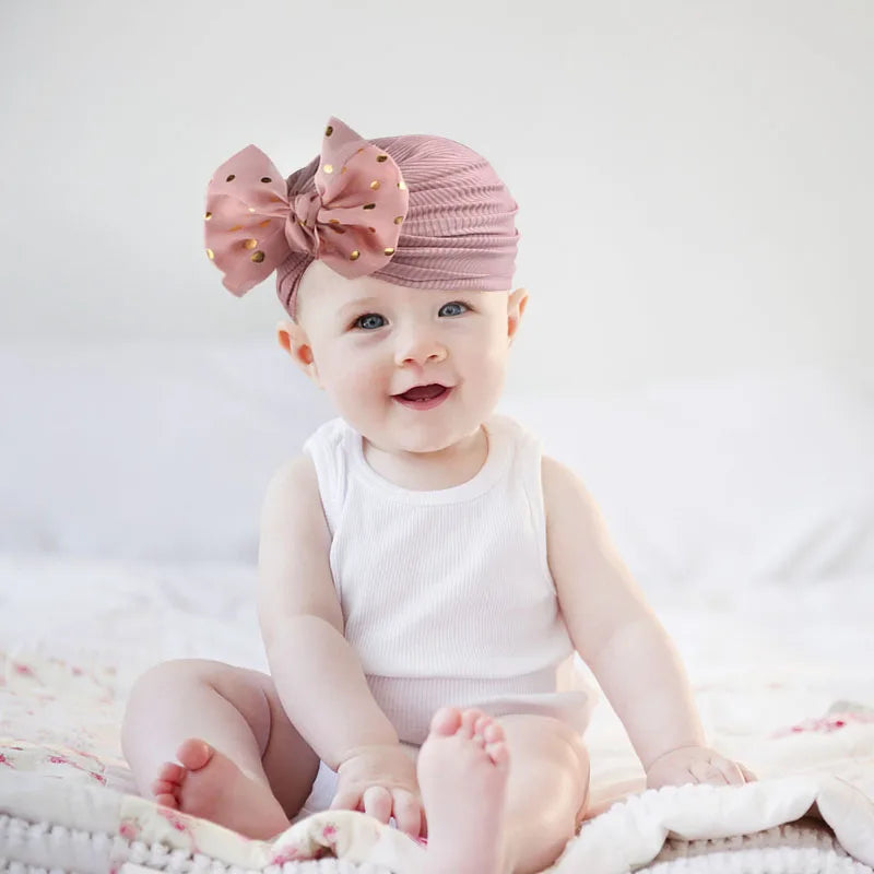 Soft Elastic Bowknot Newborn Turban Caps - Solid Color Bow Baby Indian Caps