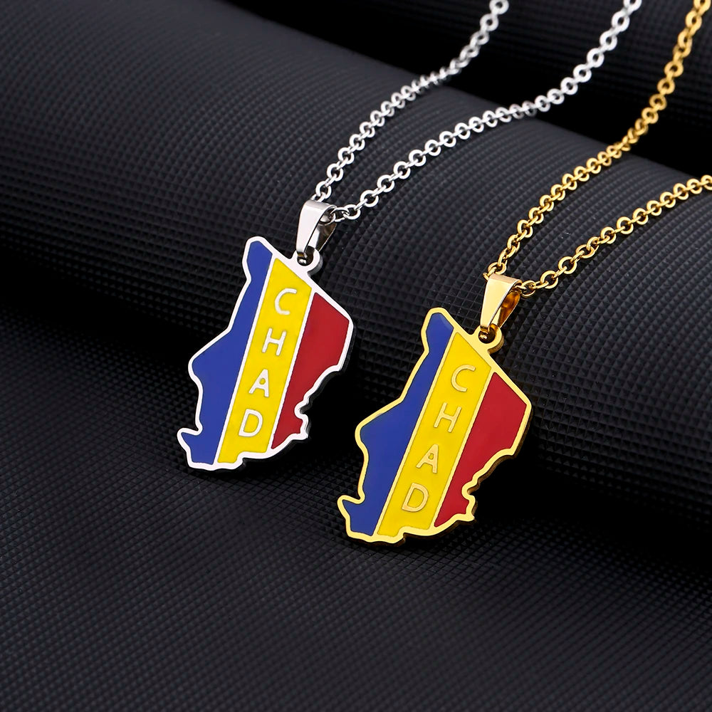 Africa Republic of Chad Map Flag Pendant Necklace Stainless Steel Gold/Silver Color for Men and Women