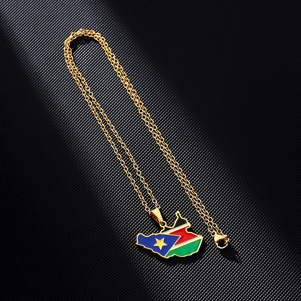 Africa South Sudan Map Flag Pendant Necklace Stainless Steel Gold Silver Color Ethnic Jewelry Gift for Men and Women
