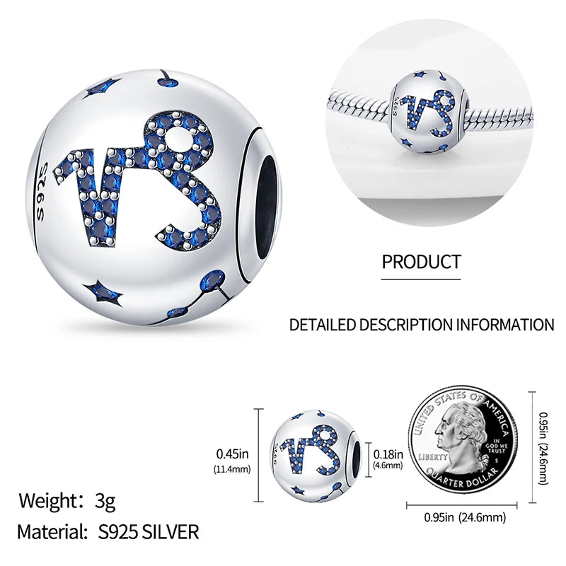 Genuine 925 Silver 12 Constellation Zodiac Round Beads Fit main Brands Bracelets Charms Jewelry