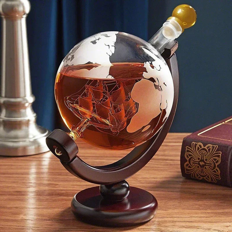 Creative Globe Decanter Set with Lead-free Carafe Exquisite Wood-stand and 2 Whisky Glasses Whiskey Decanter Globe Grade Gift