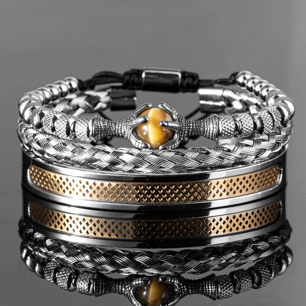 Luxury Set Men Bracelet Stainless Steel Handmade Rope Bangles Eagle Bracelets With Tiger eye Natural Stone