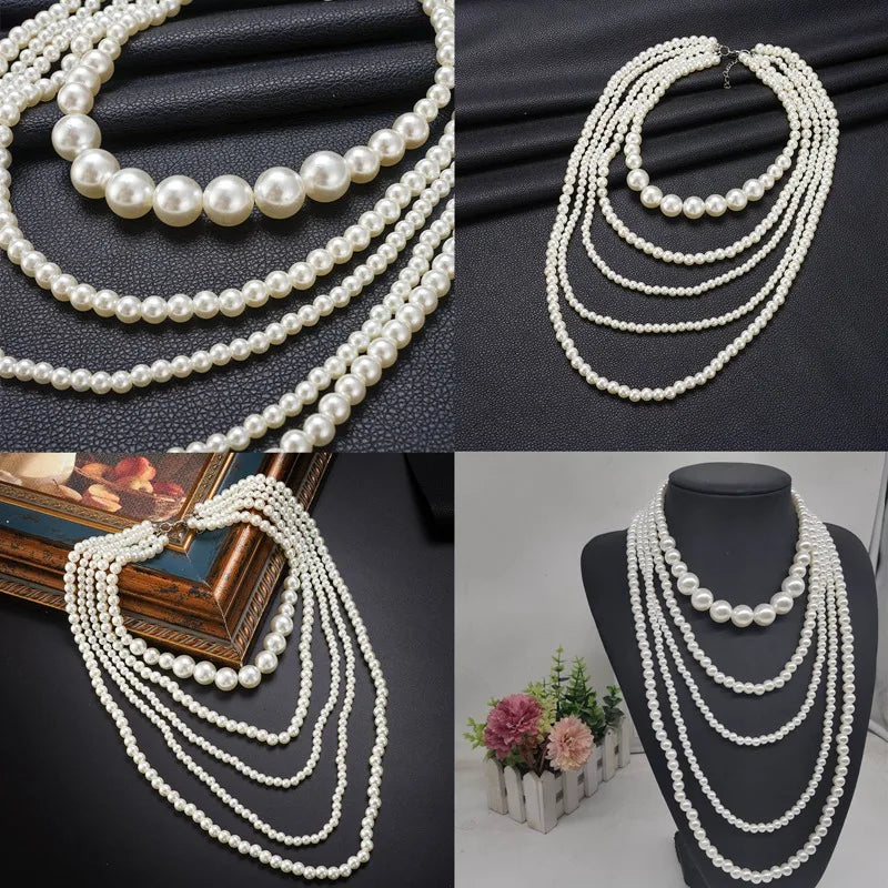 Imitation Pearl Necklace Long White Multi Layered Pearl
