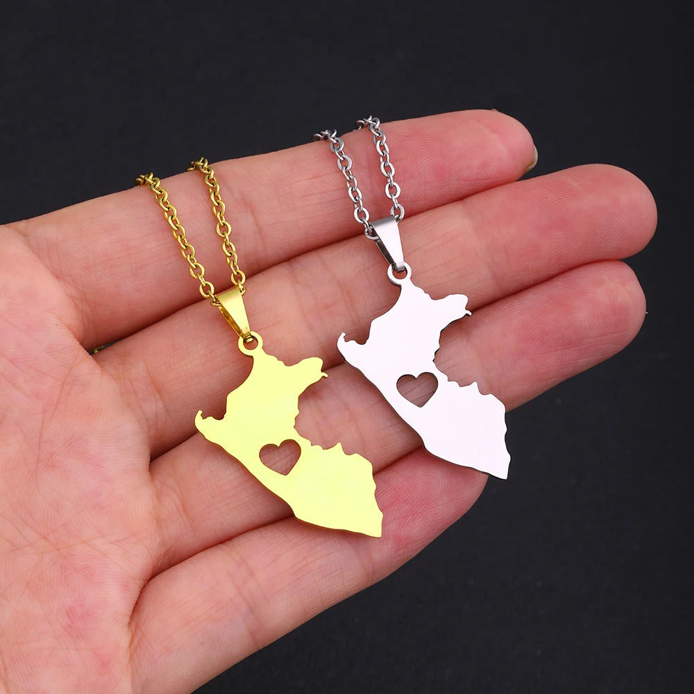 Heart Peru Map Pendant Necklace Stainless Steel Gold Silver Color Men Women Ethnic Map Jewelry Gift