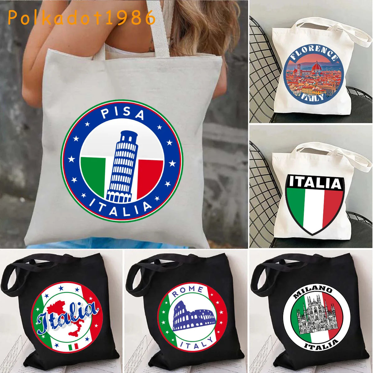 Florence Pisa Tower Milan Sicilia Forza Italia Rome Italian Flag Map Italy Women Canvas Shoulder Tote Bag Shopper Cotton Handbag