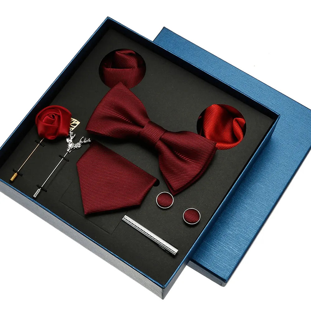 Classic Silk Tie Set for Men - Red/Blue with Pocket Square & Cufflinks