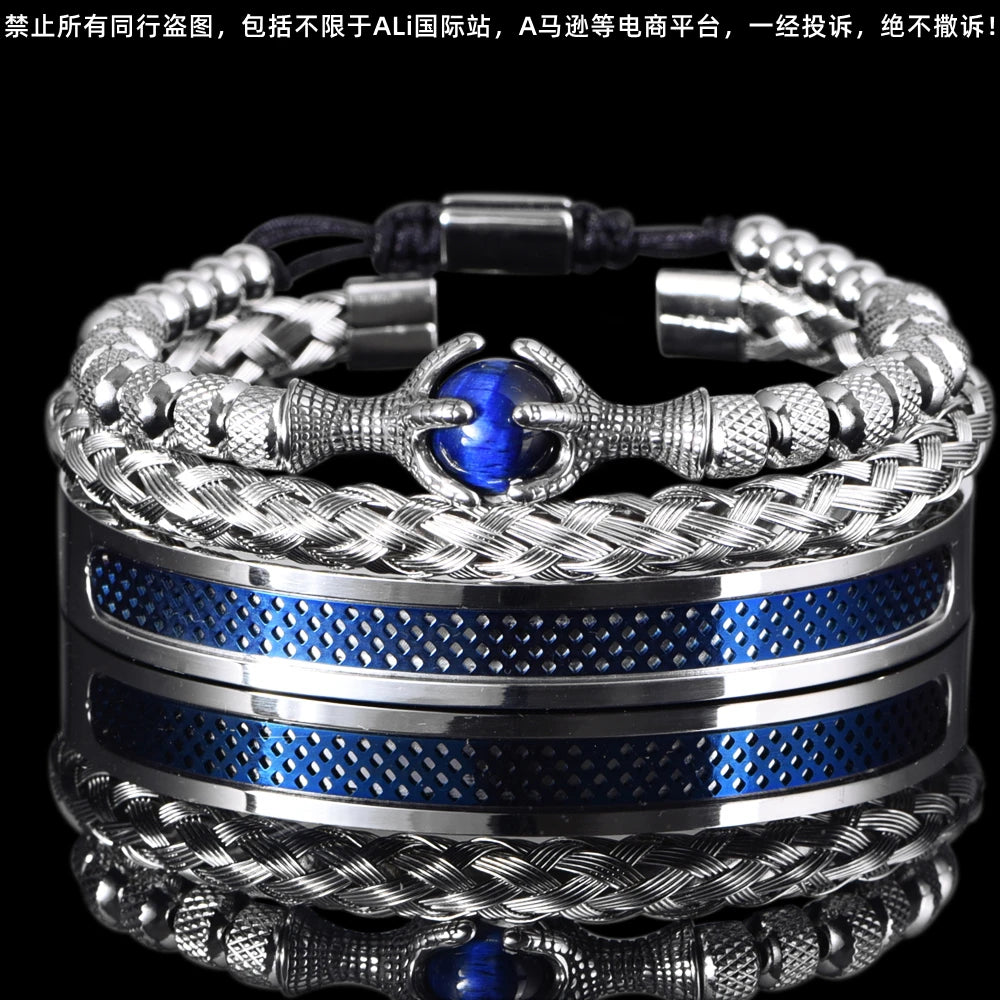 Luxury Set Men Bracelet Stainless Steel Handmade Rope Bangles Eagle Bracelets With Tiger eye Natural Stone