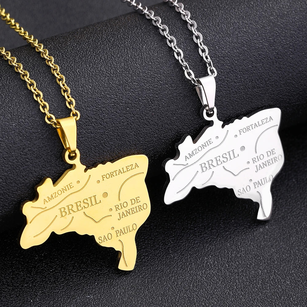 Brazil Country Map City Pendant Necklace Stainless Steel Gold Silver Color Men Women Map Brazilian Jewelry Gift