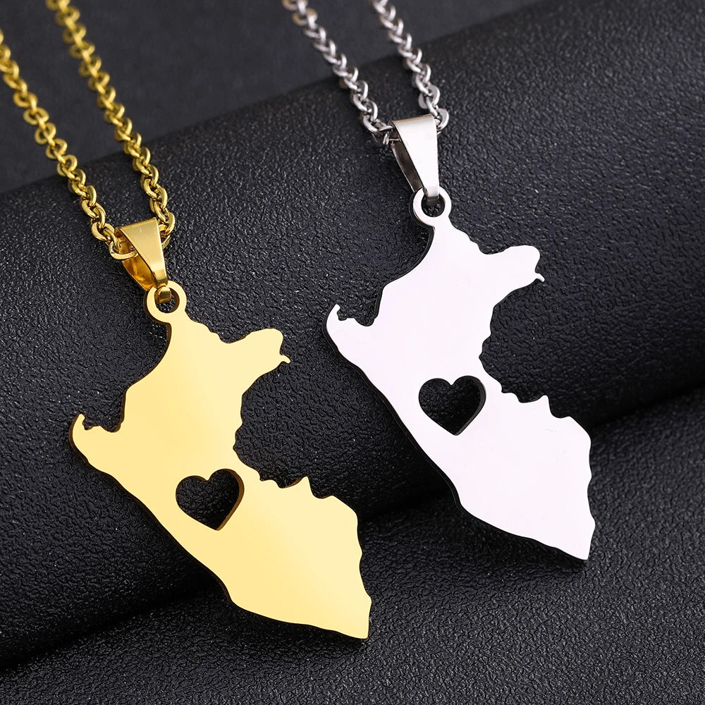Heart Peru Map Pendant Necklace Stainless Steel Gold Silver Color Men Women Ethnic Map Jewelry Gift