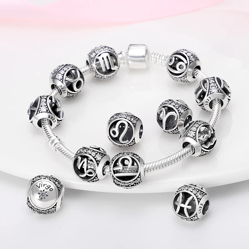 Genuine 925 Silver 12 Constellation Zodiac Round Beads Fit main Brands Bracelets Charms Jewelry