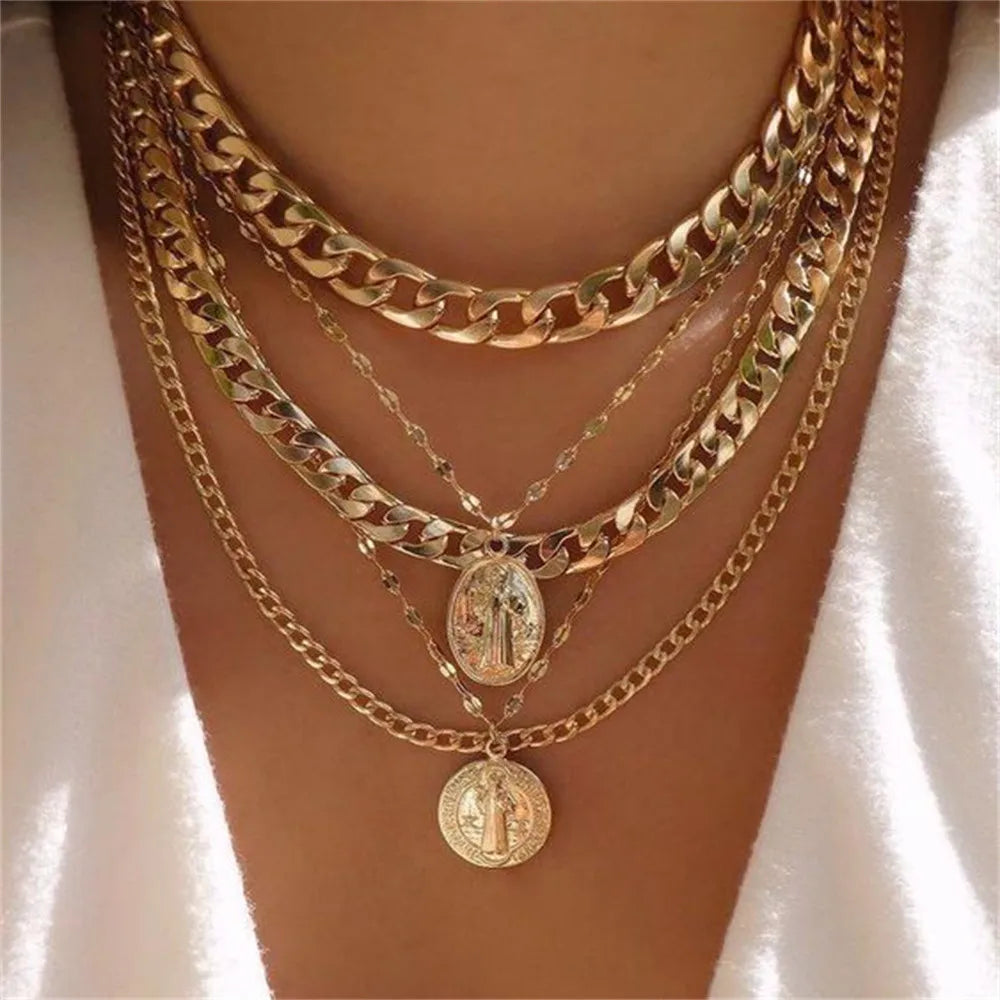 Gold-plate Thick Geometric Chain Jesus Mary Portrait Coin Pendant Necklace
